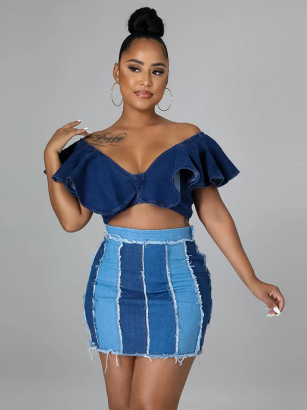 Blue Zone Planet | High Waist Patchwork Washed Pleated Denim Skirt BLUE ZONE PLANET