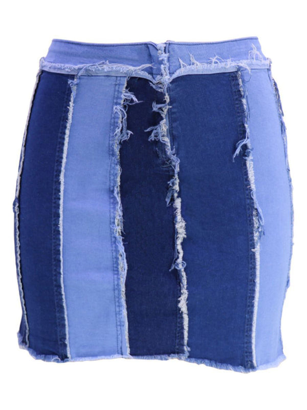 Blue Zone Planet | High Waist Patchwork Washed Pleated Denim Skirt BLUE ZONE PLANET