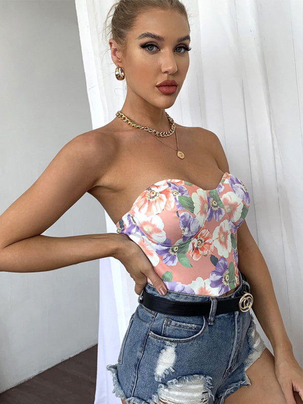 Blue Zone Planet | Women's tube top -back printing blossoms are thin wrapped chest top BLUE ZONE PLANET