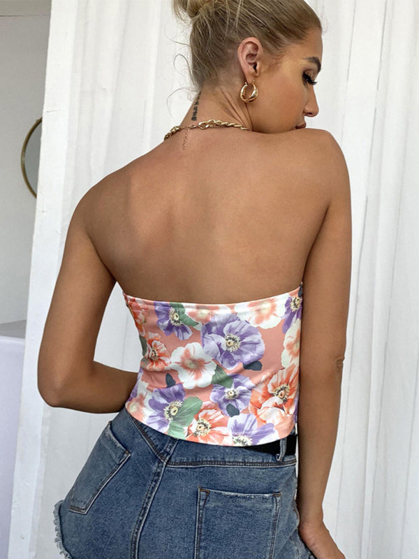Blue Zone Planet |  Women's tube top -back printing blossoms are thin wrapped chest top BLUE ZONE PLANET