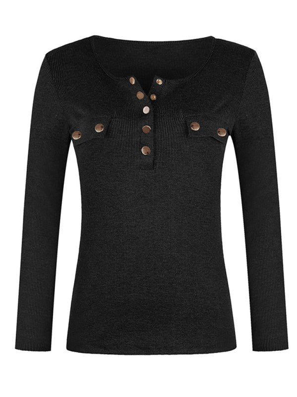 Blue Zone Planet | Solid Color Long Sleeve Button Knit Top BLUE ZONE PLANET