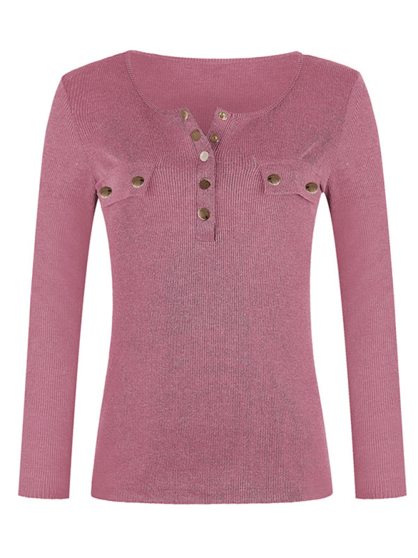 Blue Zone Planet | Solid Color Long Sleeve Button Knit Top BLUE ZONE PLANET