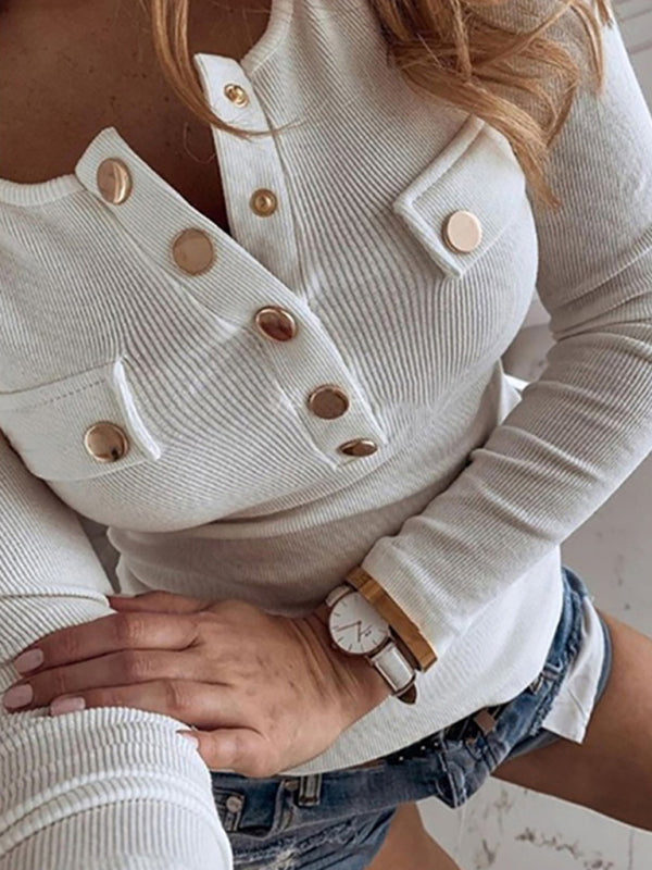 Blue Zone Planet | Solid Color Long Sleeve Button Knit Top BLUE ZONE PLANET