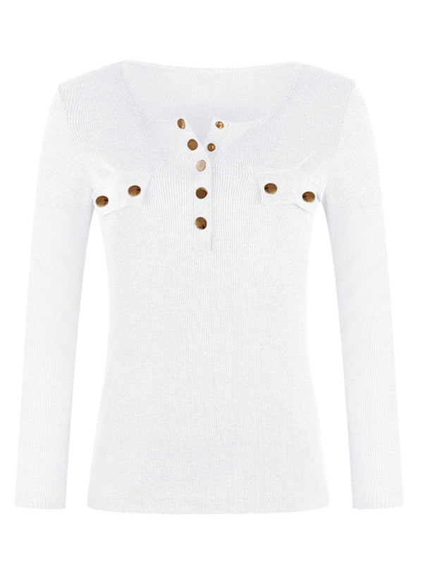 Blue Zone Planet | Solid Color Long Sleeve Button Knit Top BLUE ZONE PLANET