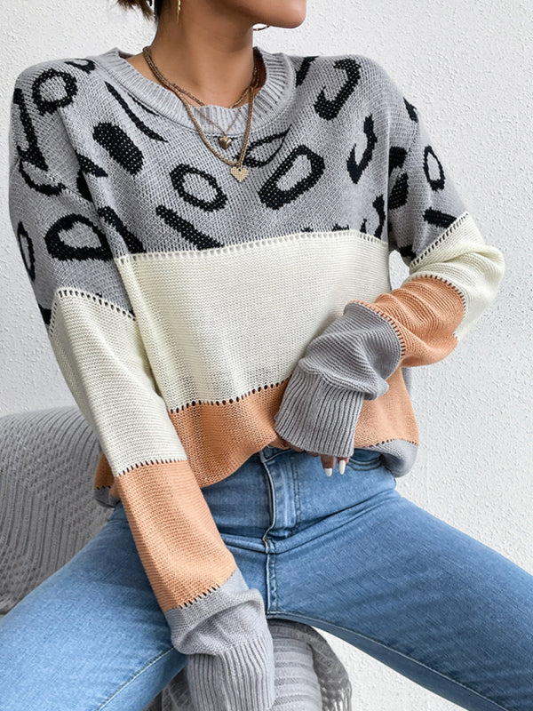 Blue Zone Planet |  Long Sleeve Leopard Contrast Knit Sweater BLUE ZONE PLANET