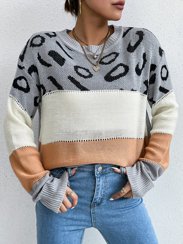Blue Zone Planet | Long Sleeve Leopard Contrast Knit Sweater BLUE ZONE PLANET