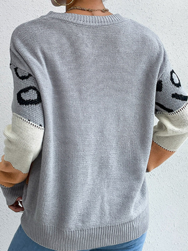 Blue Zone Planet | Long Sleeve Leopard Contrast Knit Sweater BLUE ZONE PLANET