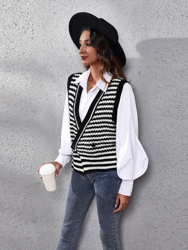 Blue Zone Planet | stripe knitted Cardigan Sweater Vest kakaclo