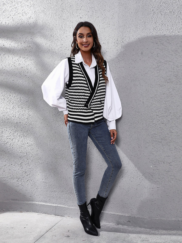 Blue Zone Planet | stripe knitted Cardigan Sweater Vest kakaclo