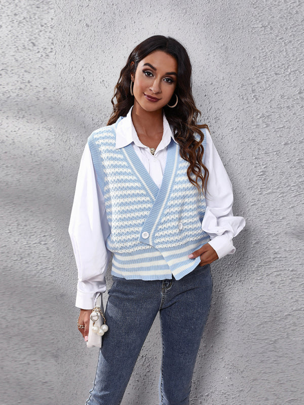 Blue Zone Planet | stripe knitted Cardigan Sweater Vest kakaclo