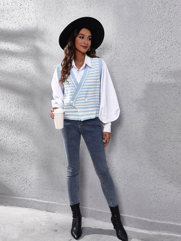 Blue Zone Planet | stripe knitted Cardigan Sweater Vest kakaclo