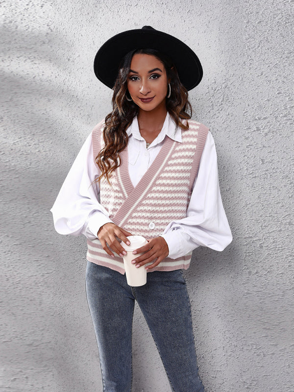 Blue Zone Planet | stripe knitted Cardigan Sweater Vest kakaclo