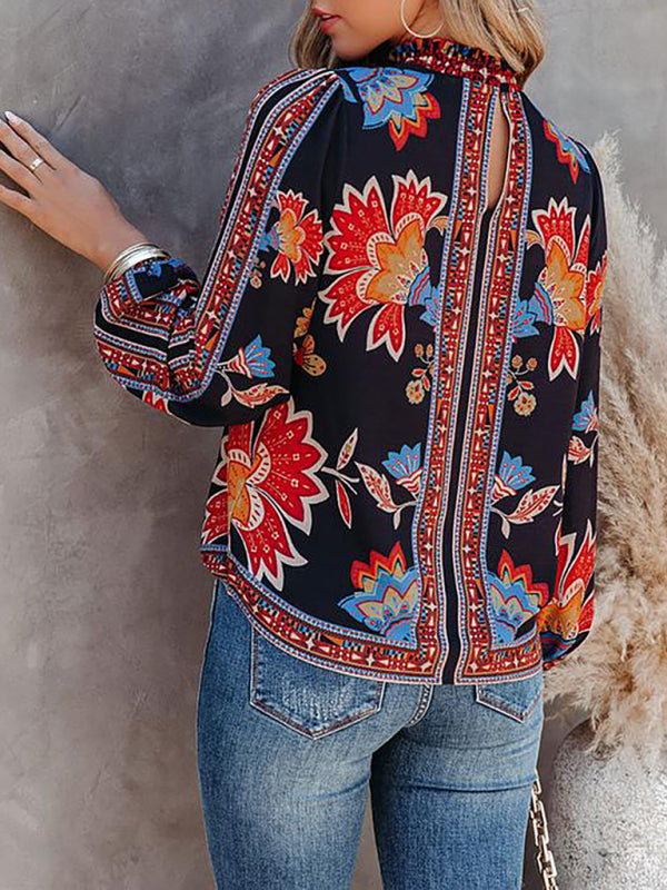Blue Zone Planet | Women's Printed Lantern Long Sleeve Loose Casual Shirt BLUE ZONE PLANET