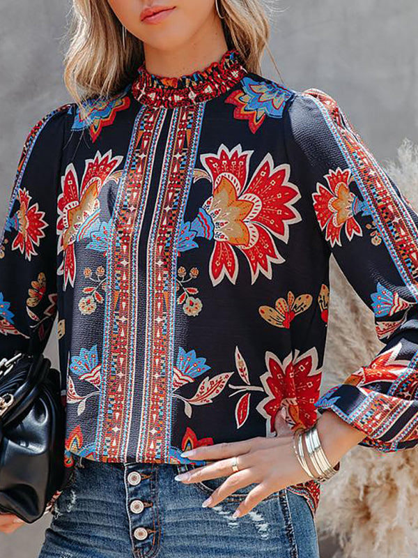 Blue Zone Planet | Women's Printed Lantern Long Sleeve Loose Casual Shirt BLUE ZONE PLANET