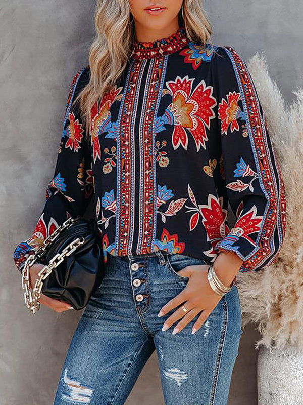Blue Zone Planet | Women's Printed Lantern Long Sleeve Loose Casual Shirt BLUE ZONE PLANET
