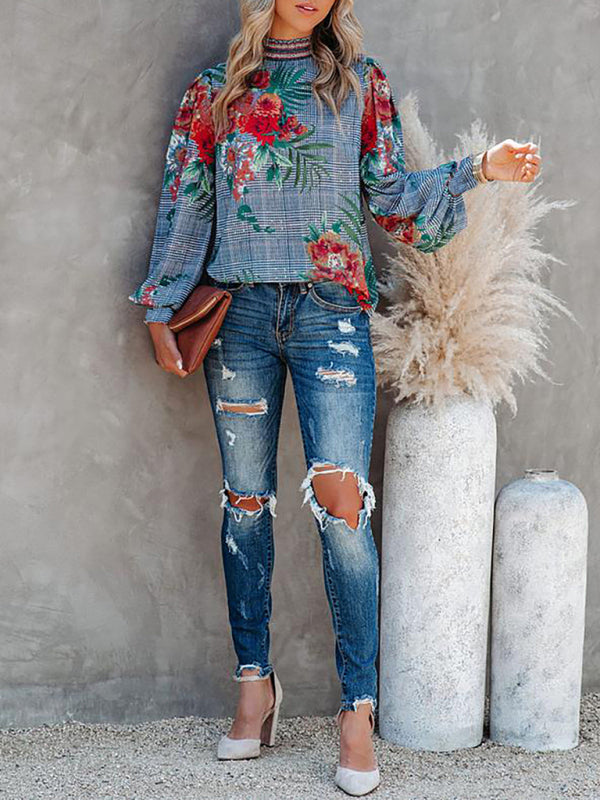 Blue Zone Planet | Women's Printed Lantern Long Sleeve Loose Casual Shirt BLUE ZONE PLANET