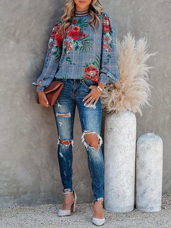 Blue Zone Planet | Women's Printed Lantern Long Sleeve Loose Casual Shirt BLUE ZONE PLANET