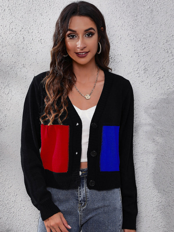 contrast stitched long sleeve knitted cardigan sweater BLUE ZONE PLANET