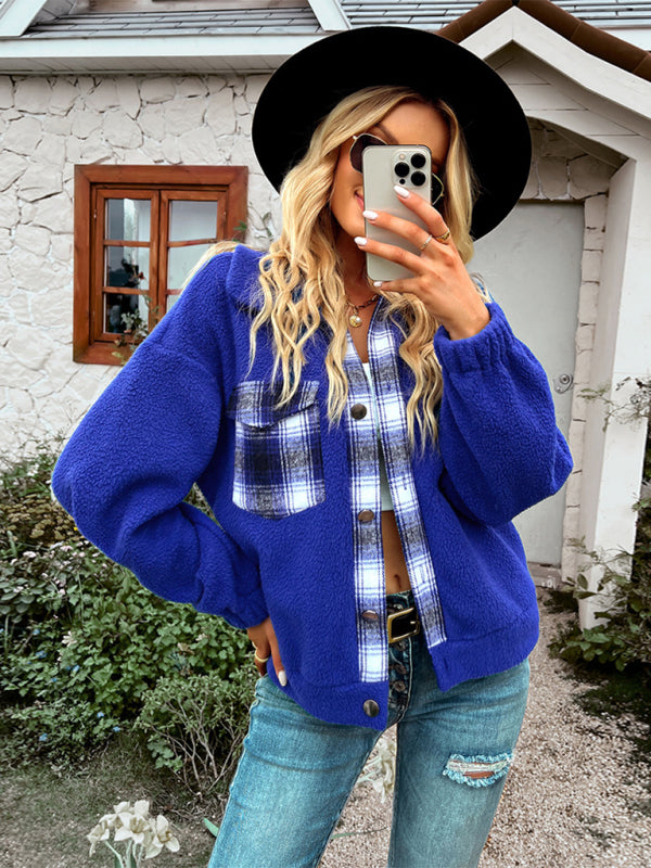 Women's Plaid Panel Fleece Long Sleeve Jacket kakaclo