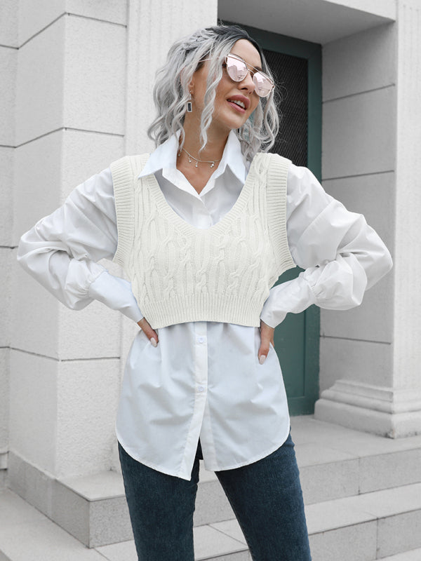 Blue Zone Planet | fried dough twist V-neck vest sweater BLUE ZONE PLANET