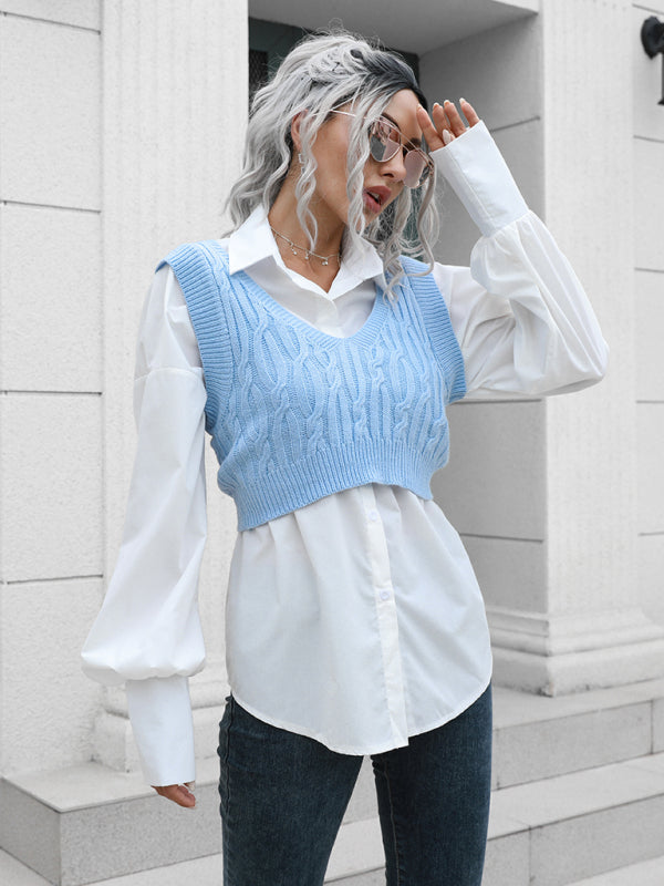 Blue Zone Planet | fried dough twist V-neck vest sweater BLUE ZONE PLANET