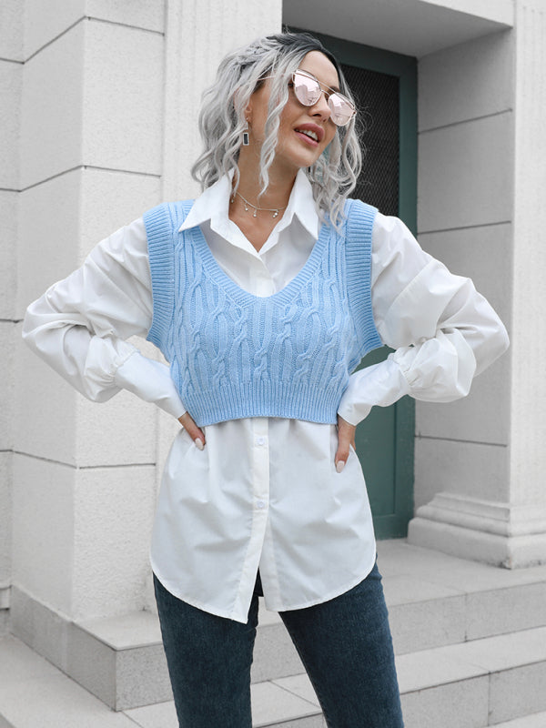 Blue Zone Planet | fried dough twist V-neck vest sweater BLUE ZONE PLANET