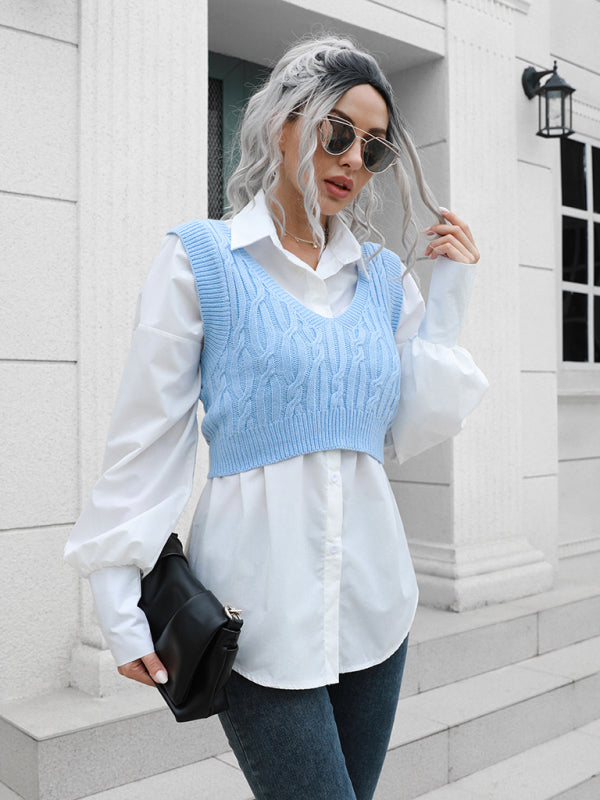 Blue Zone Planet | fried dough twist V-neck vest sweater BLUE ZONE PLANET
