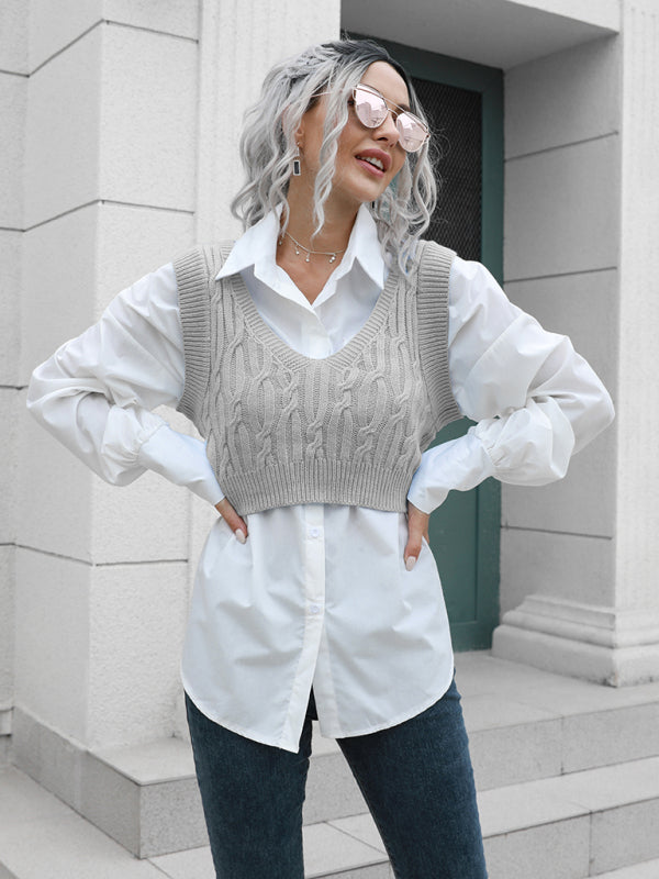 Blue Zone Planet | fried dough twist V-neck vest sweater BLUE ZONE PLANET