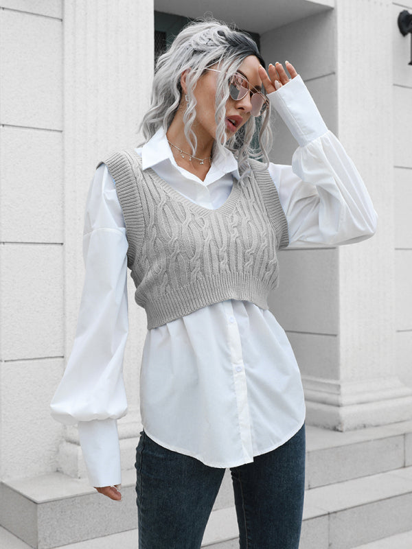 Blue Zone Planet | fried dough twist V-neck vest sweater BLUE ZONE PLANET