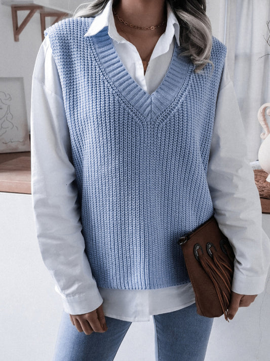 Women's V-neck casual loose knit sweater vest-[Adult]-[Female]-Blue-S-2022 Online Blue Zone Planet