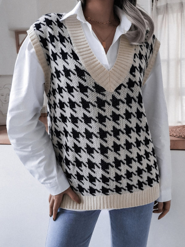Blue Zone Planet | V-neck thousand bird lattice loose knit vest sweater BLUE ZONE PLANET