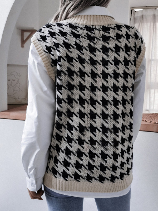 Blue Zone Planet | V-neck thousand bird lattice loose knit vest sweater BLUE ZONE PLANET