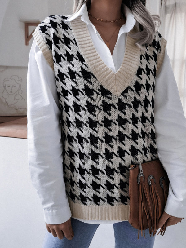 Blue Zone Planet | V-neck thousand bird lattice loose knit vest sweater BLUE ZONE PLANET