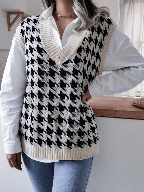 Blue Zone Planet | V-neck thousand bird lattice loose knit vest sweater BLUE ZONE PLANET