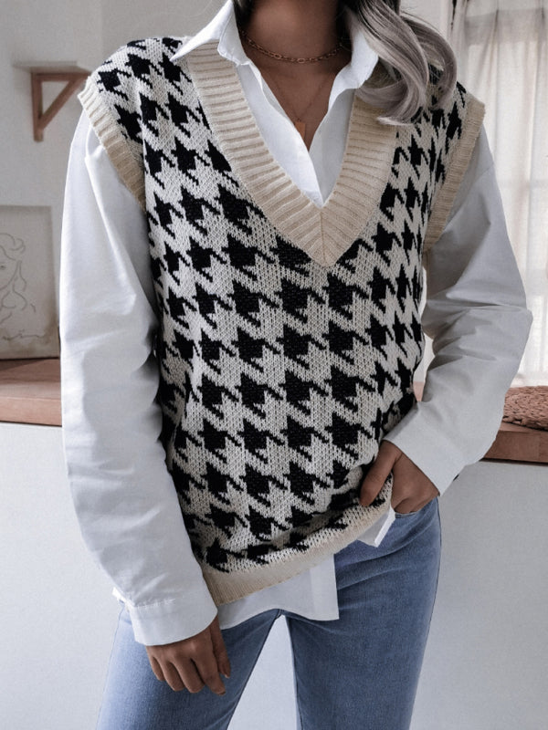Blue Zone Planet | V-neck thousand bird lattice loose knit vest sweater BLUE ZONE PLANET