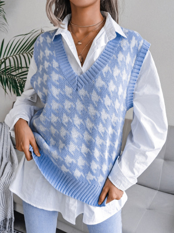 Blue Zone Planet | V-neck thousand bird lattice loose knit vest sweater BLUE ZONE PLANET