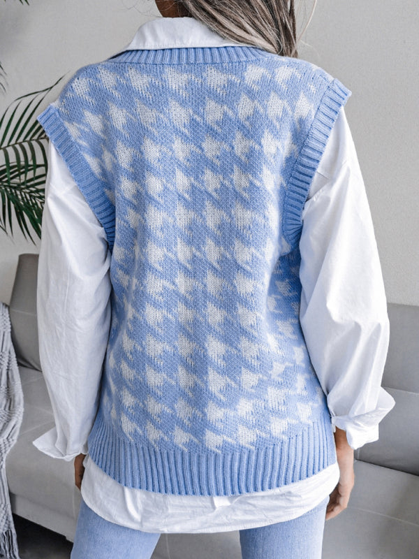 Blue Zone Planet | V-neck thousand bird lattice loose knit vest sweater BLUE ZONE PLANET