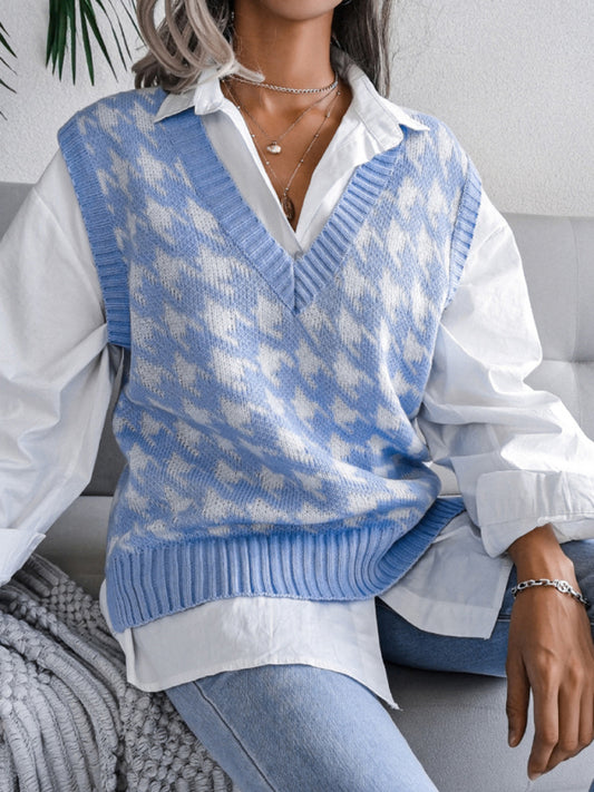 Women's V-neck thousand bird lattice casual loose knit vest sweater-[Adult]-[Female]-Blue-S-2022 Online Blue Zone Planet