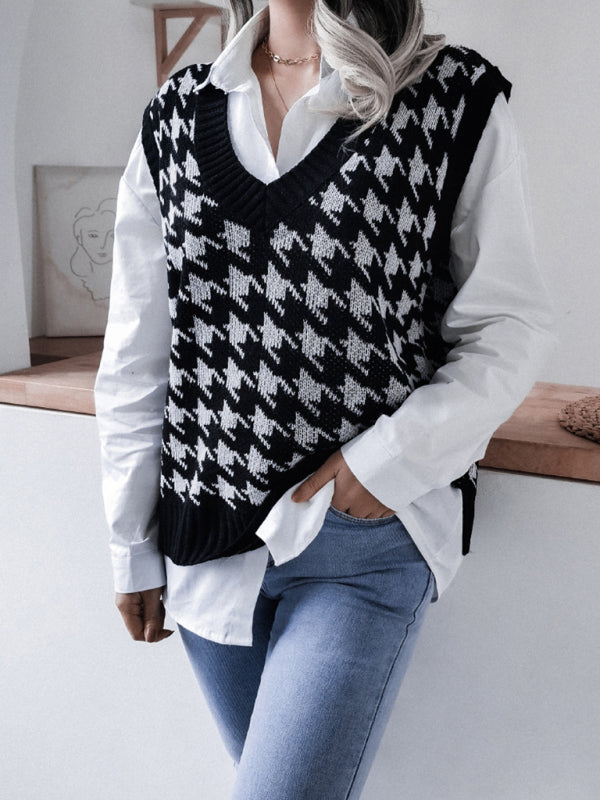 Blue Zone Planet | V-neck thousand bird lattice loose knit vest sweater BLUE ZONE PLANET