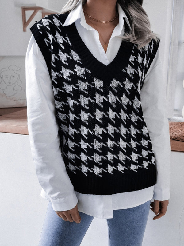 Blue Zone Planet | V-neck thousand bird lattice loose knit vest sweater BLUE ZONE PLANET