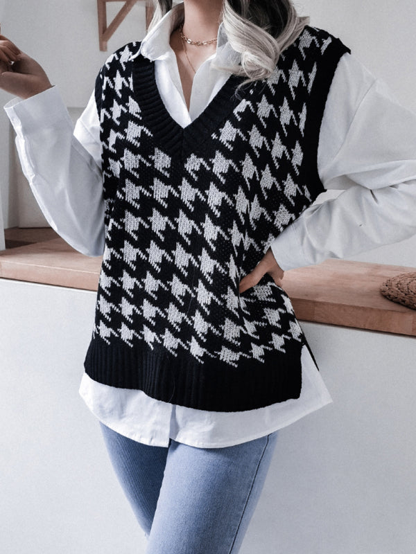 Blue Zone Planet | V-neck thousand bird lattice loose knit vest sweater BLUE ZONE PLANET