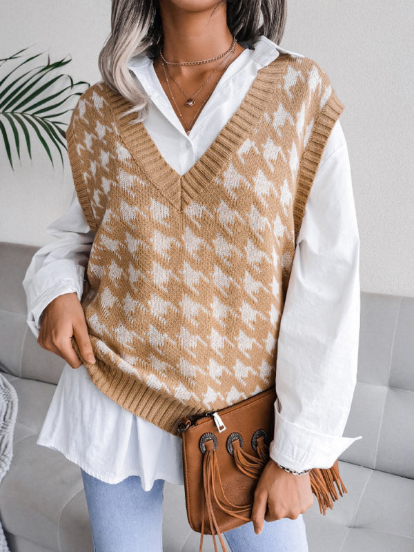 Blue Zone Planet | V-neck thousand bird lattice loose knit vest sweater BLUE ZONE PLANET