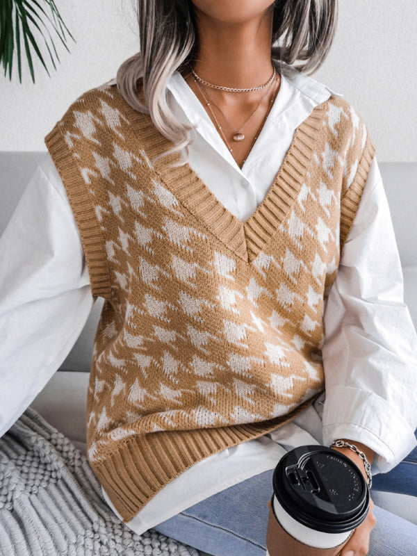 Blue Zone Planet | V-neck thousand bird lattice loose knit vest sweater BLUE ZONE PLANET
