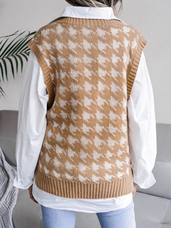 Blue Zone Planet | V-neck thousand bird lattice loose knit vest sweater BLUE ZONE PLANET