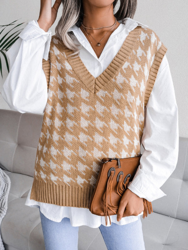 Blue Zone Planet | V-neck thousand bird lattice loose knit vest sweater BLUE ZONE PLANET