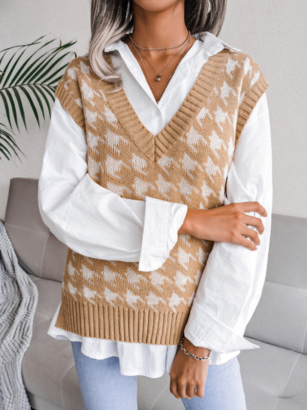 Blue Zone Planet | V-neck thousand bird lattice loose knit vest sweater BLUE ZONE PLANET