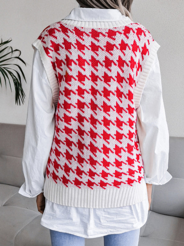 Blue Zone Planet | V-neck thousand bird lattice loose knit vest sweater BLUE ZONE PLANET
