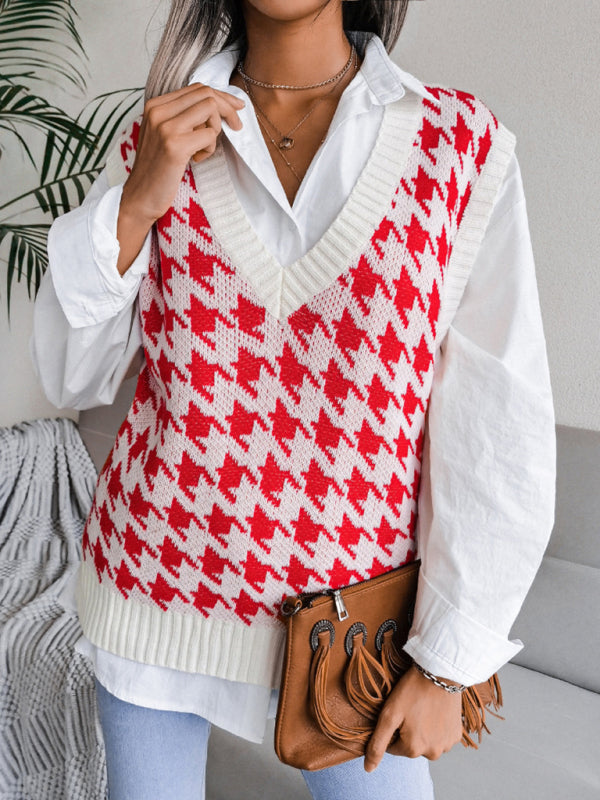 Blue Zone Planet | V-neck thousand bird lattice loose knit vest sweater BLUE ZONE PLANET