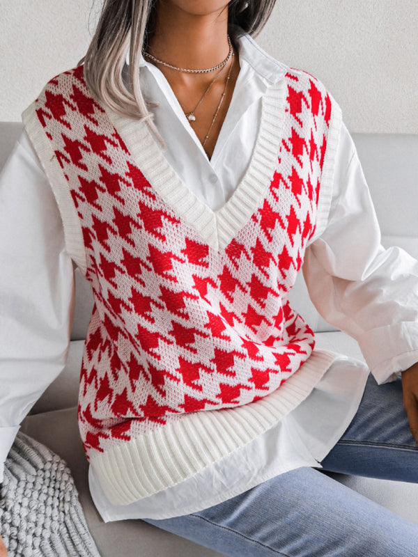 Blue Zone Planet | V-neck thousand bird lattice loose knit vest sweater BLUE ZONE PLANET
