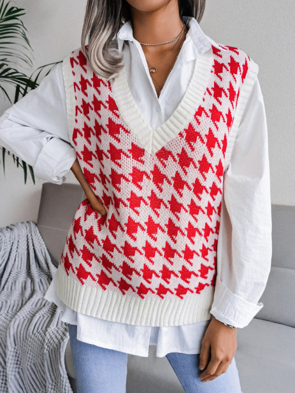 Blue Zone Planet | V-neck thousand bird lattice loose knit vest sweater BLUE ZONE PLANET